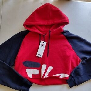Fila Red Cropped Hoodie Navy Blue Sleeves Logo Women's Size L